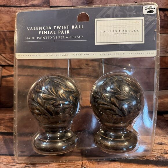 Valencia Twist Ball Finial Pair Venetian Black Palais Royale Floral Hand Painted - Picture 1 of 12
